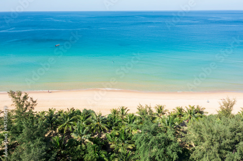 Fototapeta Naklejka Na Ścianę i Meble -  Aerial drone top down view crowd of people at tropical Beach with sunset in Phuket Thailand, Beautiful Phuket beach is famous tourist destination at Andaman sea Top view happy people play on the beach