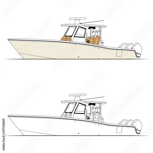 Fishing Boat Vector Line Art Illustration
