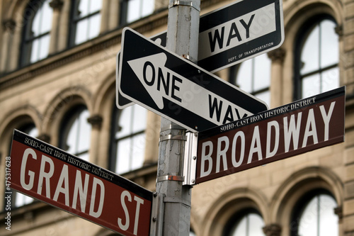 Broadway and Grand Street Signs in New York city, USA.