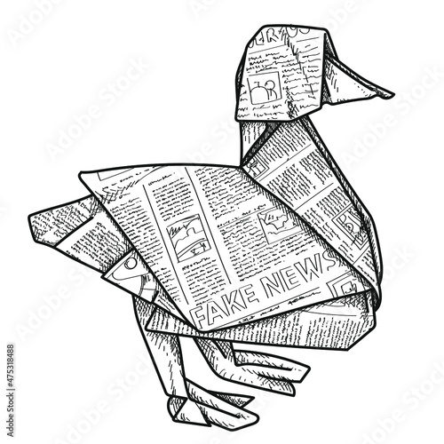 Fake news, bad newspapers in origami form, duck out of papers, magazin, press, black white hand drawn illustration
