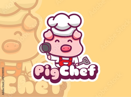 cute pig chef logo holding fan and spatula