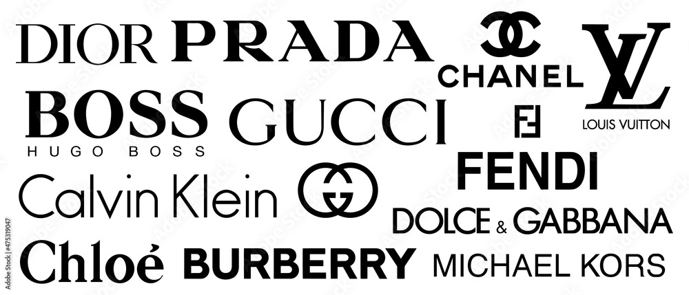 Vector logos of popular brands such as: ZARA, H&M, Prada, Gucci, Adidas,  Nike, Next, Hugo Boss, Calvin Klein. Logos on an isolated background for  your design. Vector EPS 10 Stock Vector