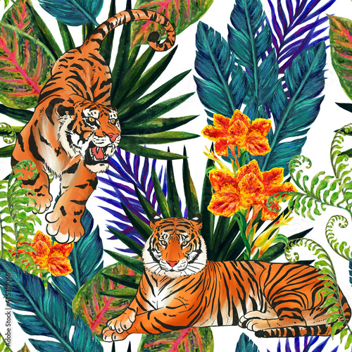 Watercolor tropical seamless pattern. Canna flower, palm, fern, banana leaves foliage and wild animals tiger texture photo