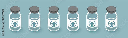 Vaccine bottles standing in line 3d isometric vector illustration. Medicine drug glass ampoules with cross sign horizontal banner blue color background.