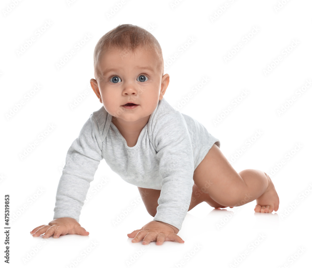 Cute little baby crawling on white background Cute little baby crawling on white background
