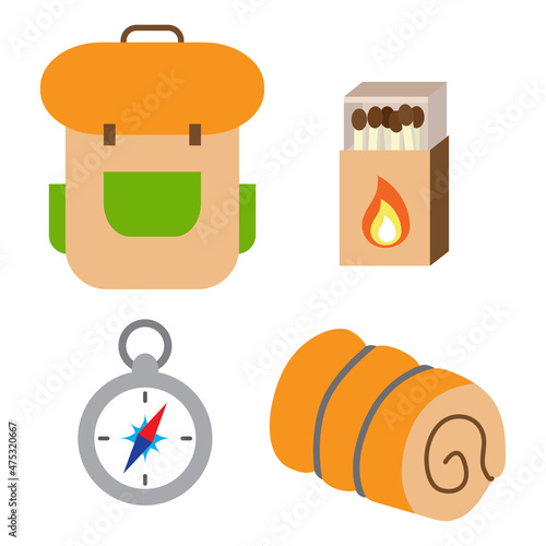 Set of touristic and camping equipment. Compass, backpack, matches box and sleeping bag. Things for active vacations. Luggage icons for travel, journey and hiking