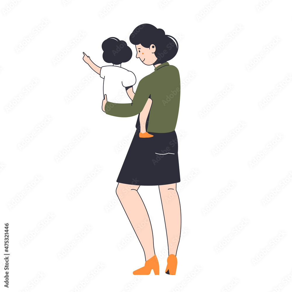 A woman with a child in her arms is walking on the street. Vector illustration of a family scene. A woman with a child in her arms is walking on the street. Vector illustration of a family scene.