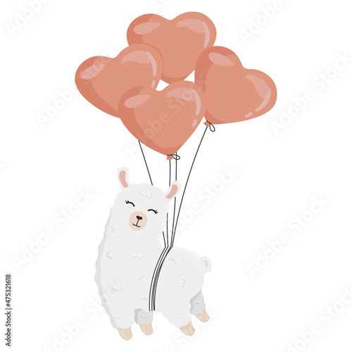 Cute alpaca on the balloons. Happy Valentine's day greeting card. Illustration for posters, greeting cards and seasonal design.