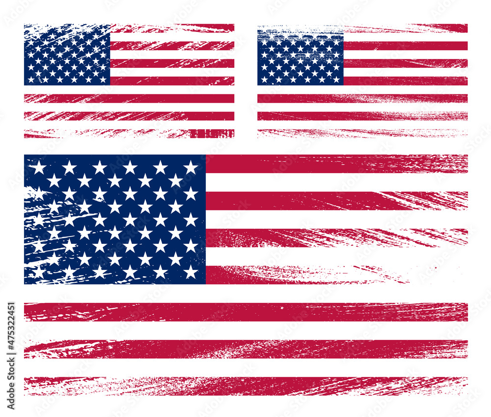 set of American flag chalk scratch paint grunge textures on white background. Texture of old poster back with us flag. Vector set of American flag chalk scratch paint grunge textures on white background. Texture of old poster back with us flag. Vector
