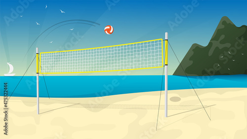 beach volleyball court with net, against backdrop of seascape. Oceanfront with beach volleyball field. Sports ground for active recreation. Cartoon vector