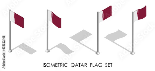 isometric flag of QATAR in static position and in motion on flagpole. 3d vector