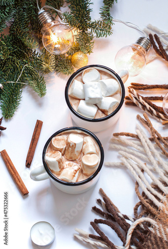Christmas, New Year white composition with cups of hot chocolate with marshmallow. Winter holiday flat lay. Top view