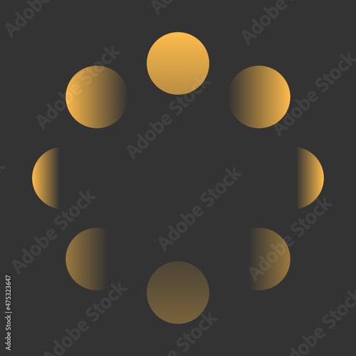 Moon yellow different phases or lunar phases circle on black background flat vector design icon.