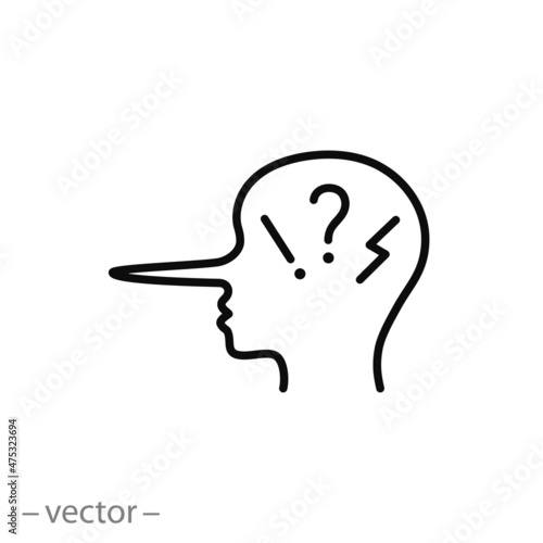 person deceived by fake news, head man with long nose, false liar or prank for people, liar icon, thin line symbol - editable stroke vector illustration