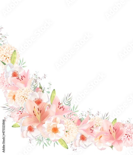 エレガントな色使いのピンク系の百合の花と白いばらとリーフの招待状フレーム素材