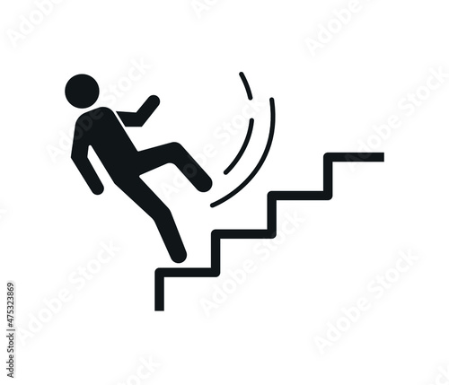 Slippery stairs warning. Stickman figure falling down the stairs. workplace safety and injury vector illustration.
