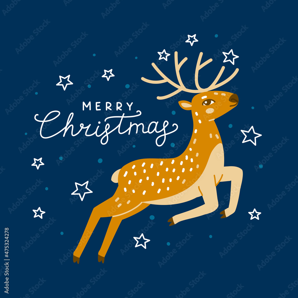 Christmas greeting card with cute jumping deer on blue sky background Christmas greeting card with cute jumping deer on blue sky background