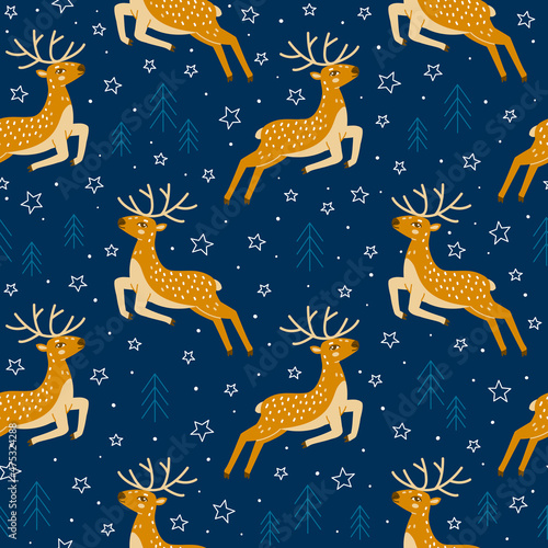 Seamless pattern with cute jumping deers and stars 2