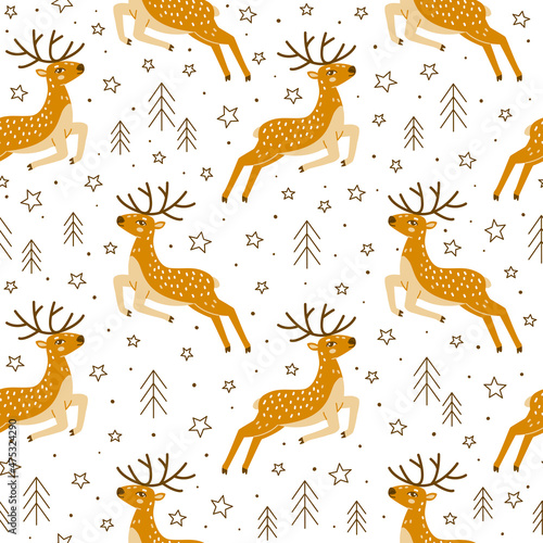 Seamless pattern with cute jumping deers and stars