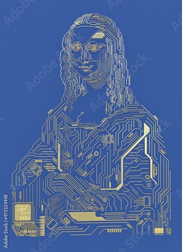 Foto Mona Lisa 3D Modeling, 3D Illustration, Portrait Design with circuit element on blue background