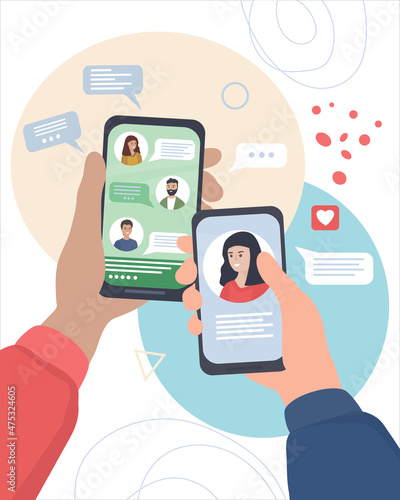 Hands with smartphones. People communicate in social networks and messengers, chat, text online, use video calls. Mobile applications and Internet technology. flat vector