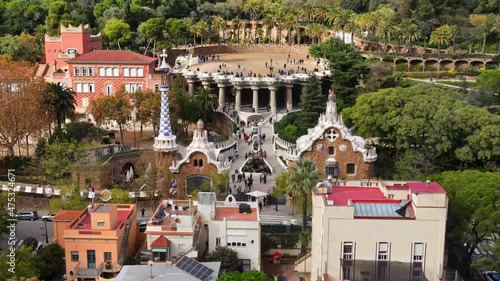 Aerial drone view of Barcelona, Spain. Park Guell with tourists, a lot of greenery photo