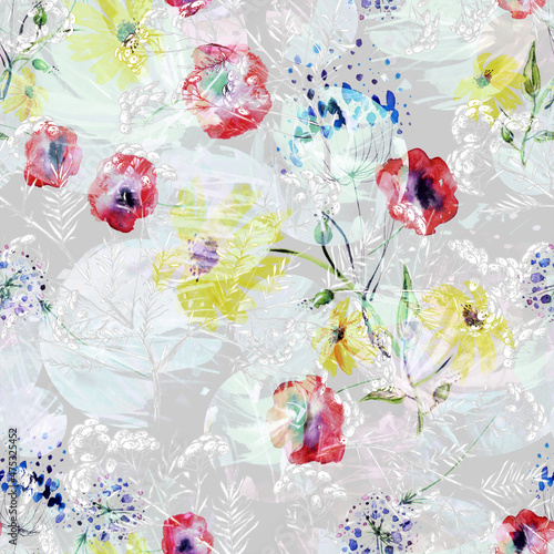 Creative seamless watercolor pattern of plants  Herbs  flowers  poppy  lily  tulip. Immortelle plant  tansy  wild herbs  stylish pattern. Abstract paint splash. Watercolor floral seamless pattern.