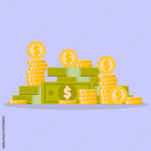 A wad of money in dollars. Gold coins. A big pile of cash. Paper bills. Flat vector illustration.