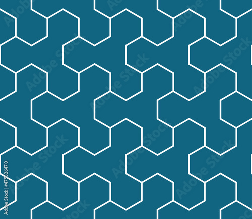 Contemporary connected hexagon shapes in a repeating geometric honeycomb pattern of white outlines against a teal blue background, vector illustration