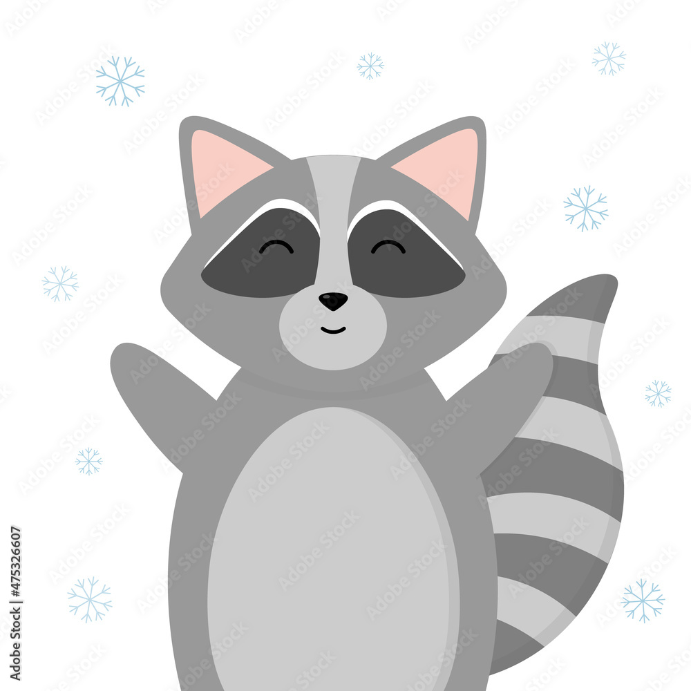 Cute happy cartoon raccoon under the snow Cute happy cartoon raccoon under the snow