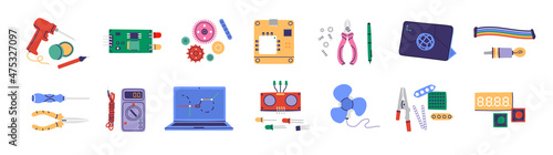 Robot tools set. Electronic DIY kit for creating a bot. Invention, repair, construction concept. Science class for kids. Chip card, wires, computer, screwdriver, gears, solder, fan, 3d isolated vector