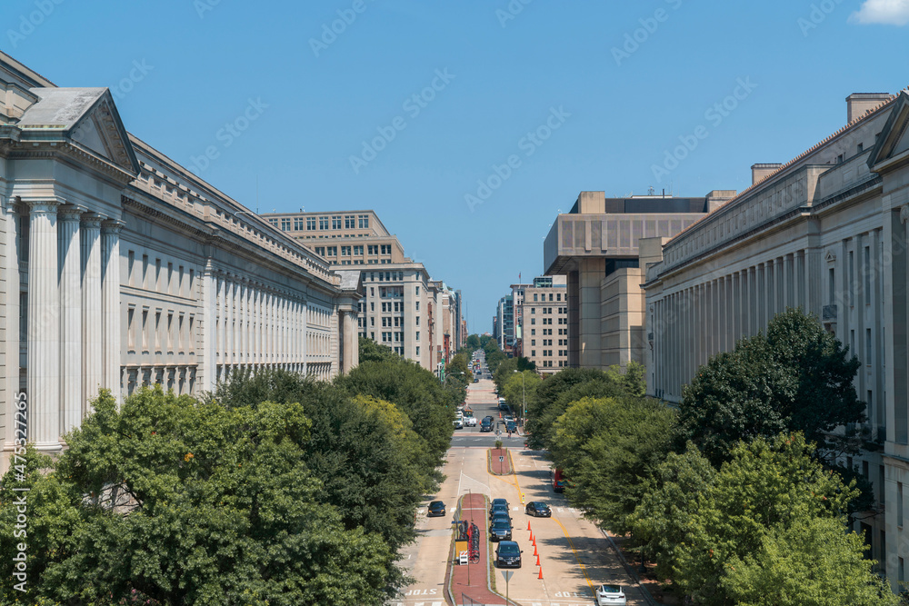 Scenic view of iconic buildings in Washington DC, USA. Political core center of the United States of America.