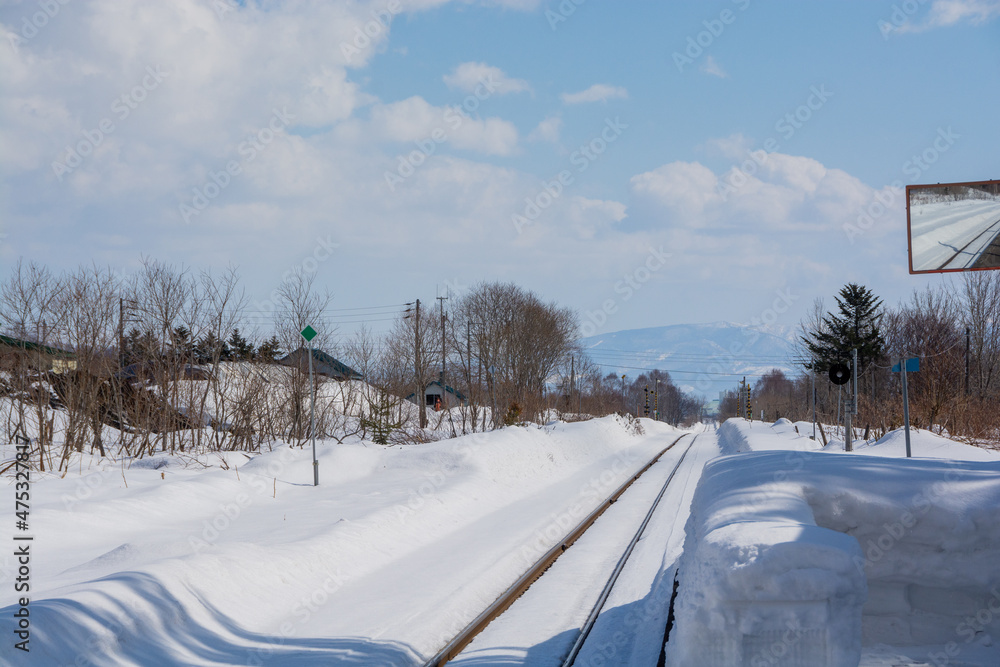 Fototapeta premium 冬の田舎の無人駅と線路