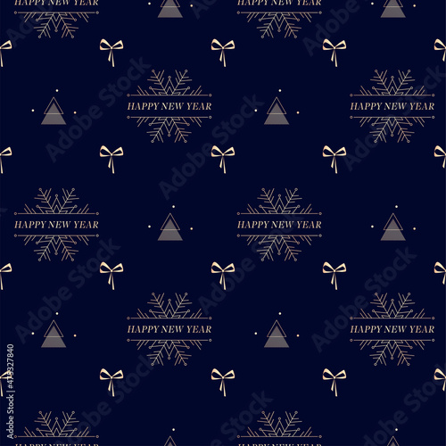 Luxurious festive blue stylish background with golden snowflakes, bows and Christmas trees. Ornament for gift wrapping paper, fabric, clothing, textiles, surface textures.