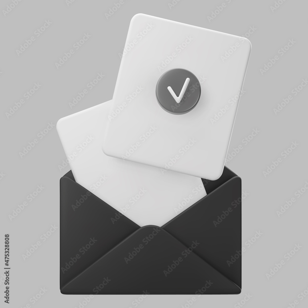 3d black open mail envelope icon with check mark isolated on grey ...