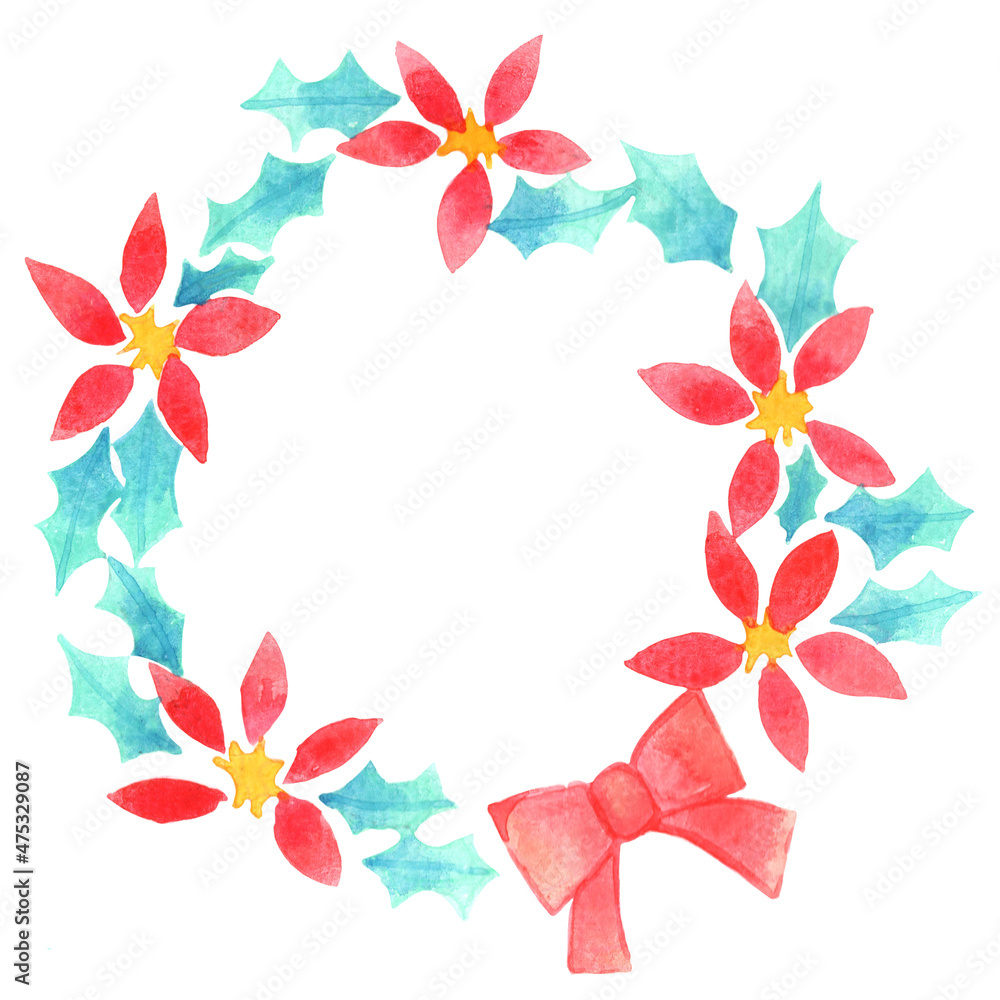 Christmas flower, Holly leaves and bow wreath watercolor for decoration on Christmas holiday event.