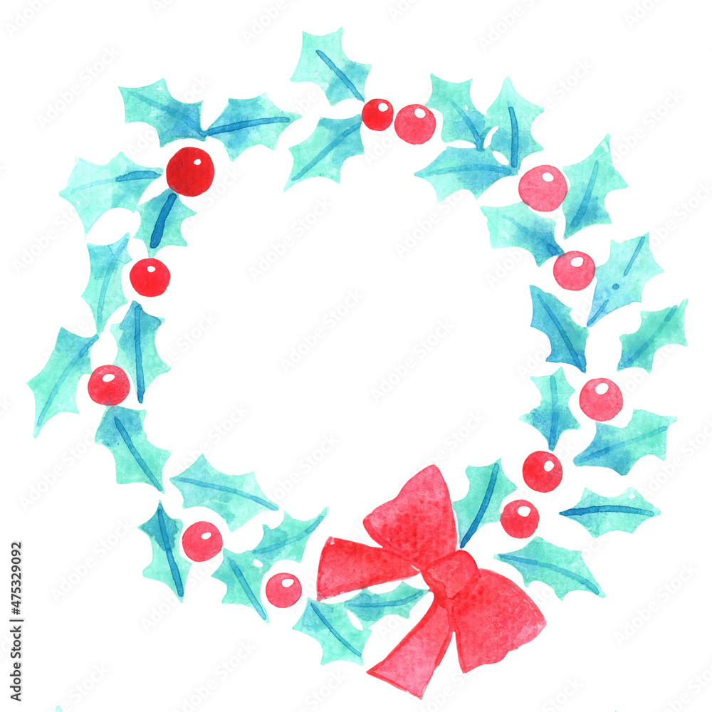 Holly leaves, berry and red bow wreath watercolor for decoration on Christmas holiday event. Holly leaves, berry and red bow wreath watercolor for decoration on Christmas holiday event.