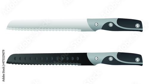 set of two realistic kitchen knives isolated on white, Vector illustration, chef knives, Cutlery icon set, bread Knife
