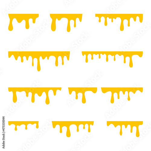 Dripping honey food. Yellow sweet liquid drip elements set. Golden caramel symbol. Vector isolated on white.