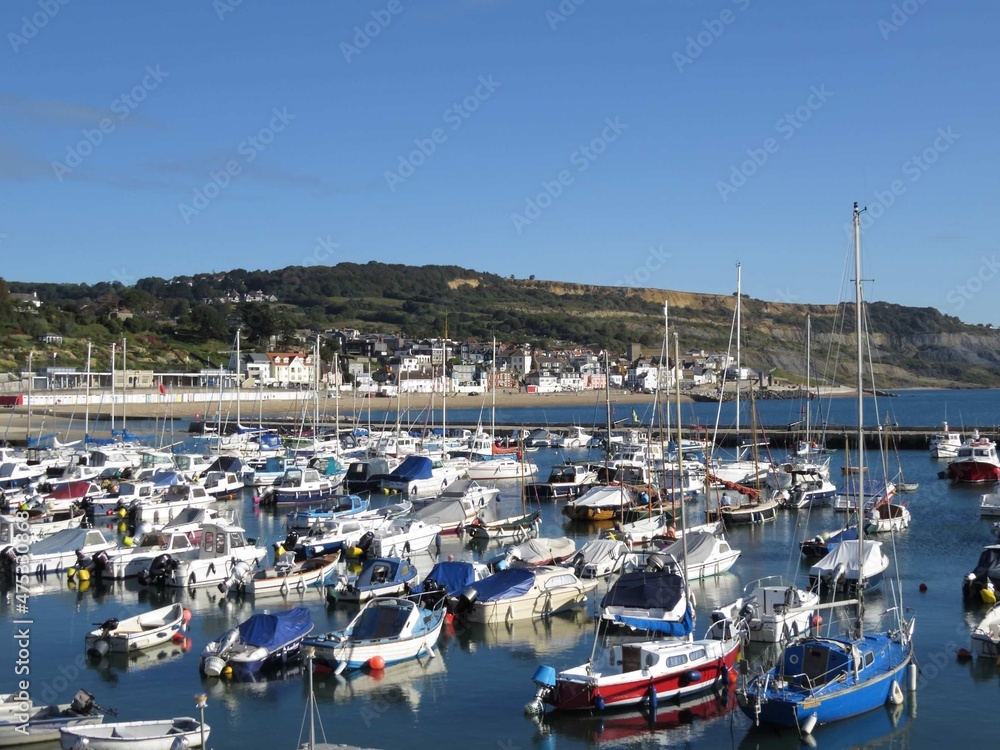 boats in the harbour at Lyme Regis Dorset England	