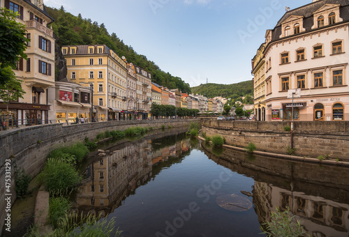 Karlovy Vary, Czech Republic, June 2019 - view of the some beautiful buildings by the Tepla River by the afternoon