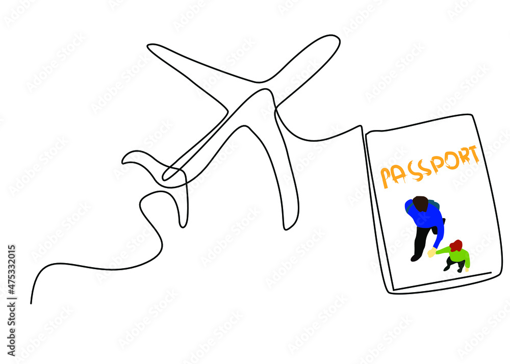 drawing passenger plane and passport . A family goes on vacation hand in hand. drawing passenger plane and passport . A family goes on vacation hand in hand.