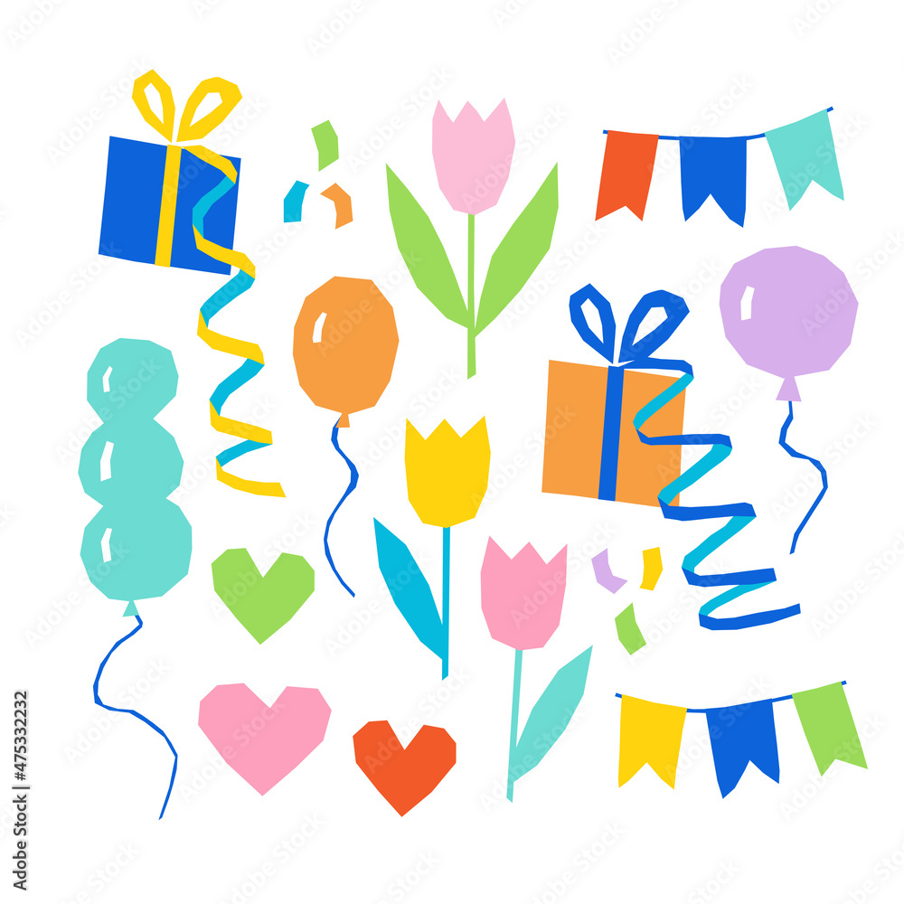 Vector set for stickers or cards on the theme of birthday with flowers, gifts and balloons