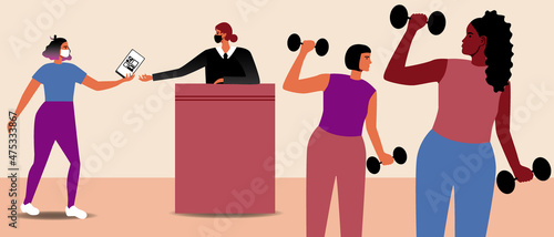 QR code for visiting the gym, Flat vector stock illustration, Gym administrator and QR code on the screen as Vaccination passport, Fitness center for the vaccinated