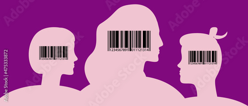 Barcode for ID, silhouettes of people, silhouette vector stock illustration with person with id number as a concept of technologies, cyber, biorobot, hologram