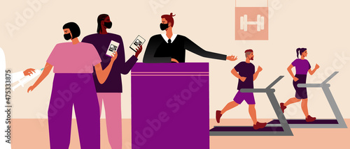 Couple getting vaccinated, QR code to visit the gym, Flat vector stock illustration with QR code on the phone screen as a Vaccination certificate in the Fitness center for the vaccinated