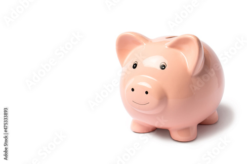 Pink piggy bank isolated on white background with copy space. Financial accumulation and savings concept. Side view