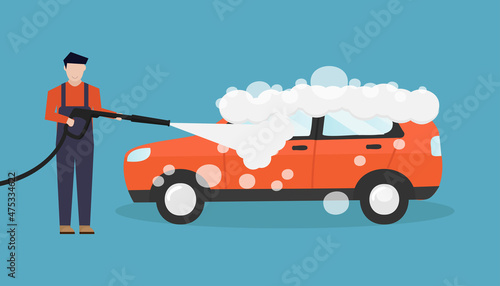 Car wash vector illustration on blue background