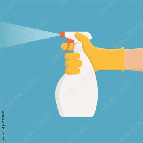 Hand using glove and hold water spray bottle vector illustration