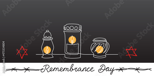 Holocaust Remembrance Day background, banner, poster with candles, jewish star and barbed wire on a dark background